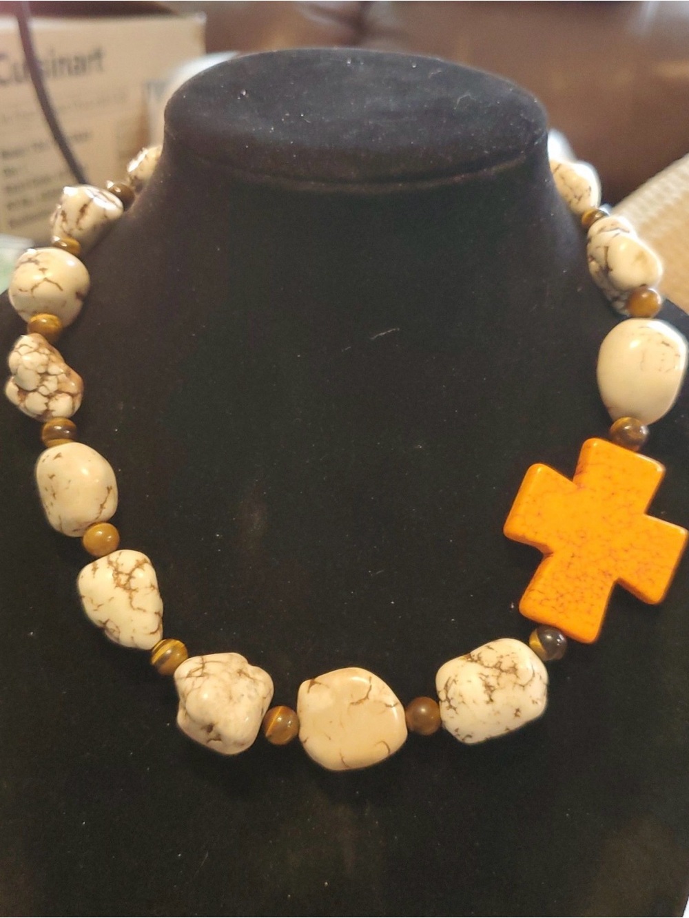 Vintage  White Howlite Bead Necklace with Orange Cross Accent